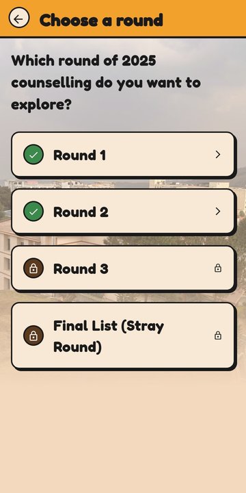 Choose a counselling round: Round 1, Round 2, Round 3 and the Final List